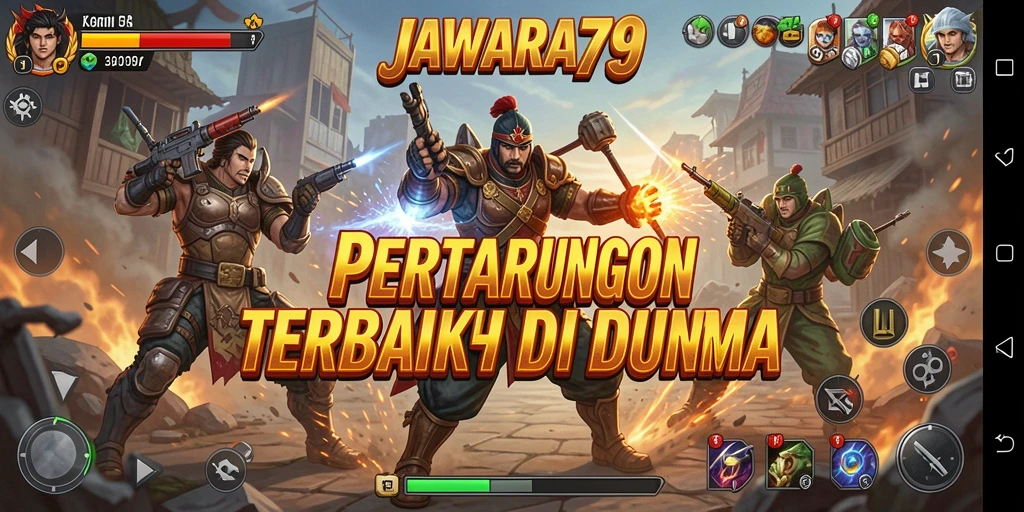 Screenshot utama JAWARA79 yang menampilkan pertarungan seru antar karakter.
