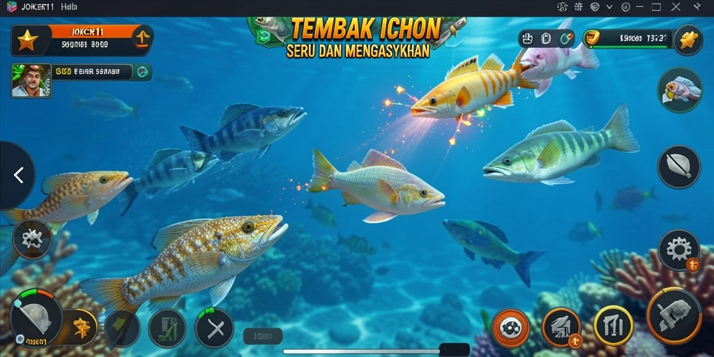 Tangkapan layar gameplay JOKER11 dengan suasana menembak ikan yang menegangkan.